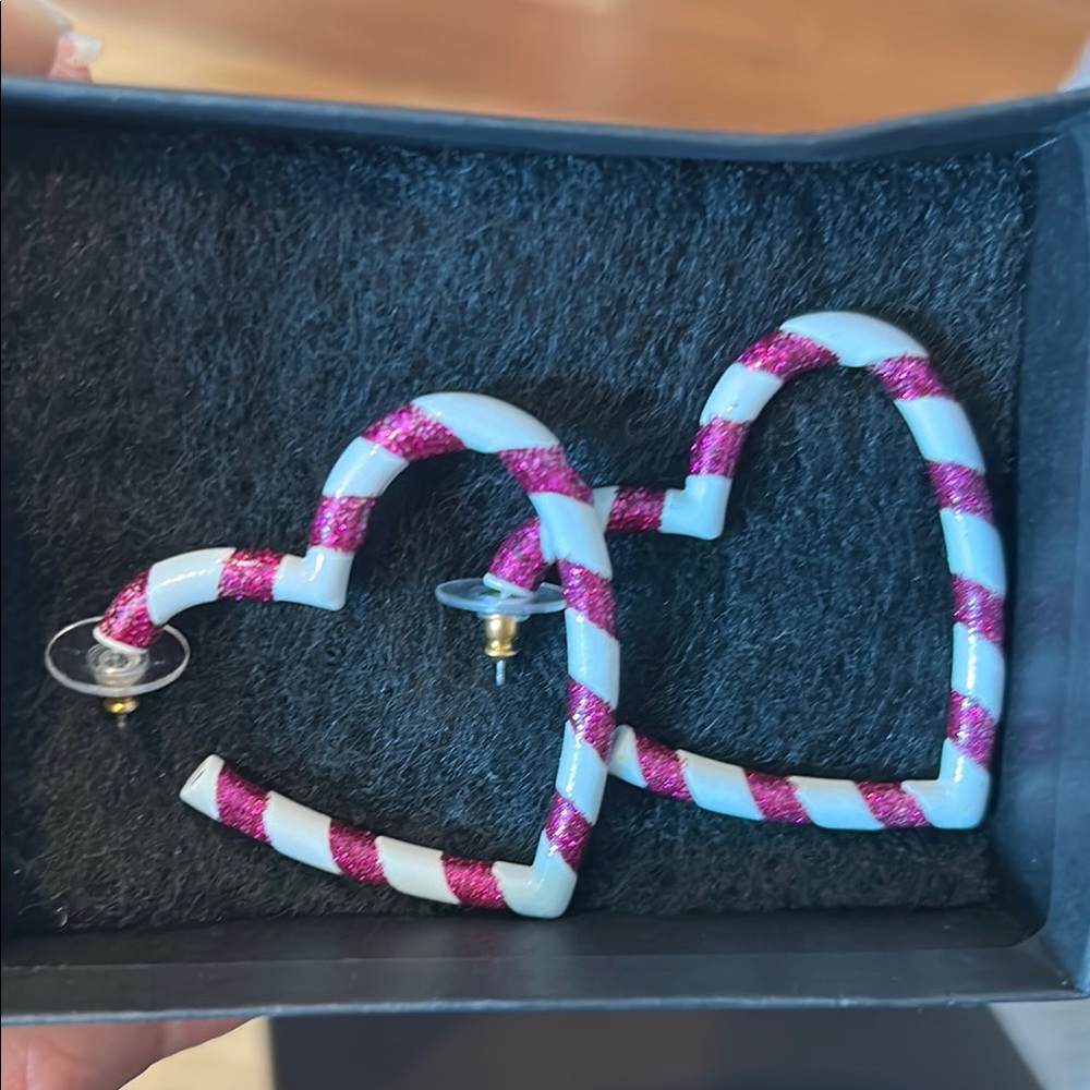 Betsy Johnson Pink and White Striped Heart Earrings. Perfect condition.
